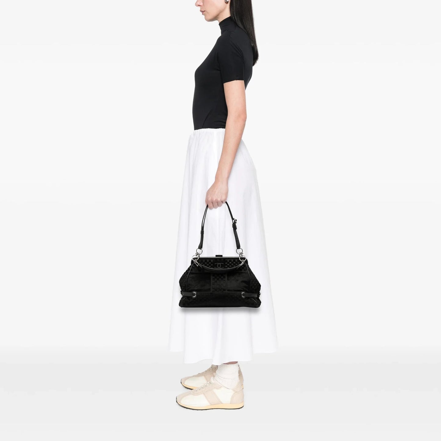 Black Chanel CC Check Embossed Velvet Belted Side Frame Bag