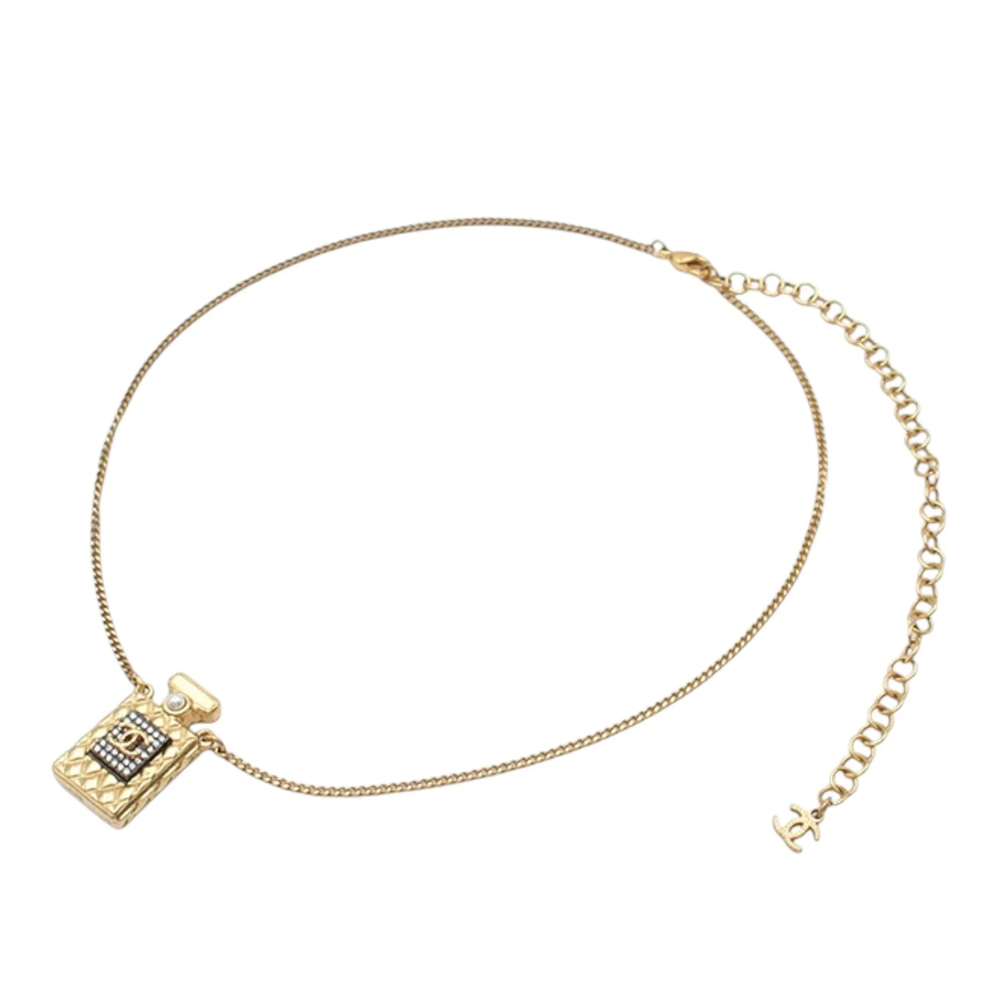 Gold Chanel Gold Plated Crystal and Faux Pearl CC Perfume Bottle Pendant Necklace