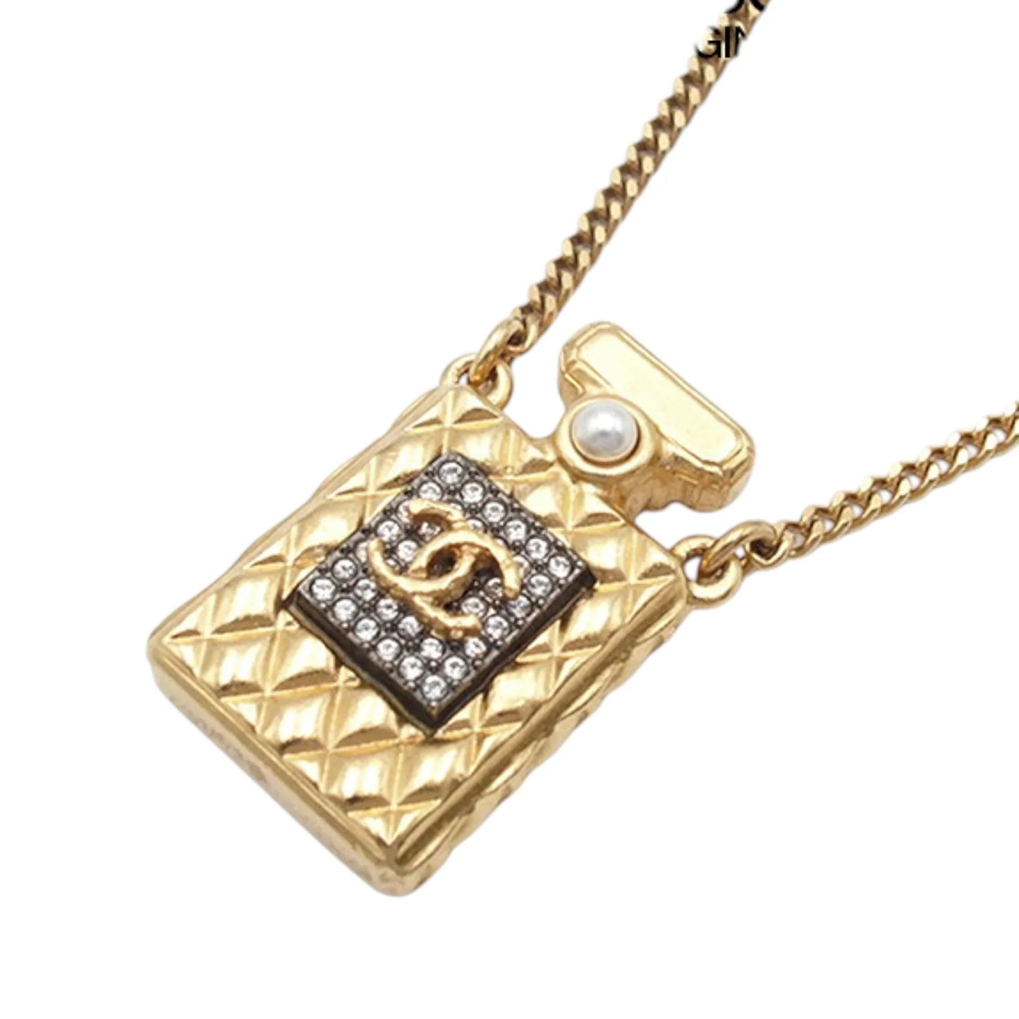 Gold Chanel Gold Plated Crystal and Faux Pearl CC Perfume Bottle Pendant Necklace