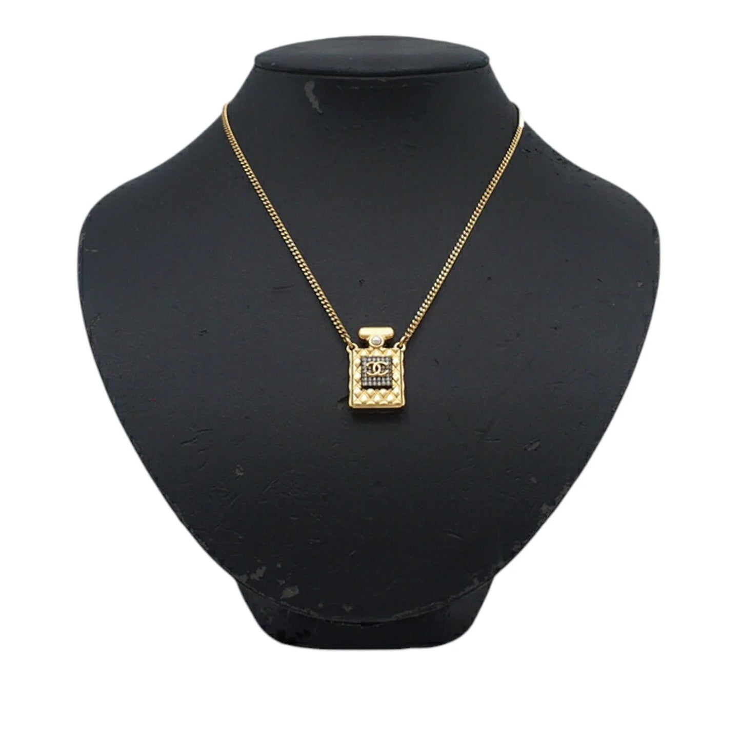 Gold Chanel Gold Plated Crystal and Faux Pearl CC Perfume Bottle Pendant Necklace
