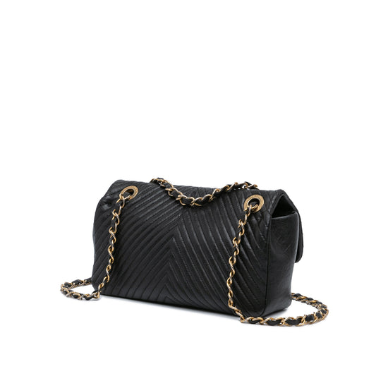Black Chanel Small Chevron Wrinkled Lambskin Medallion Charm Surpique Flap Shoulder Bag