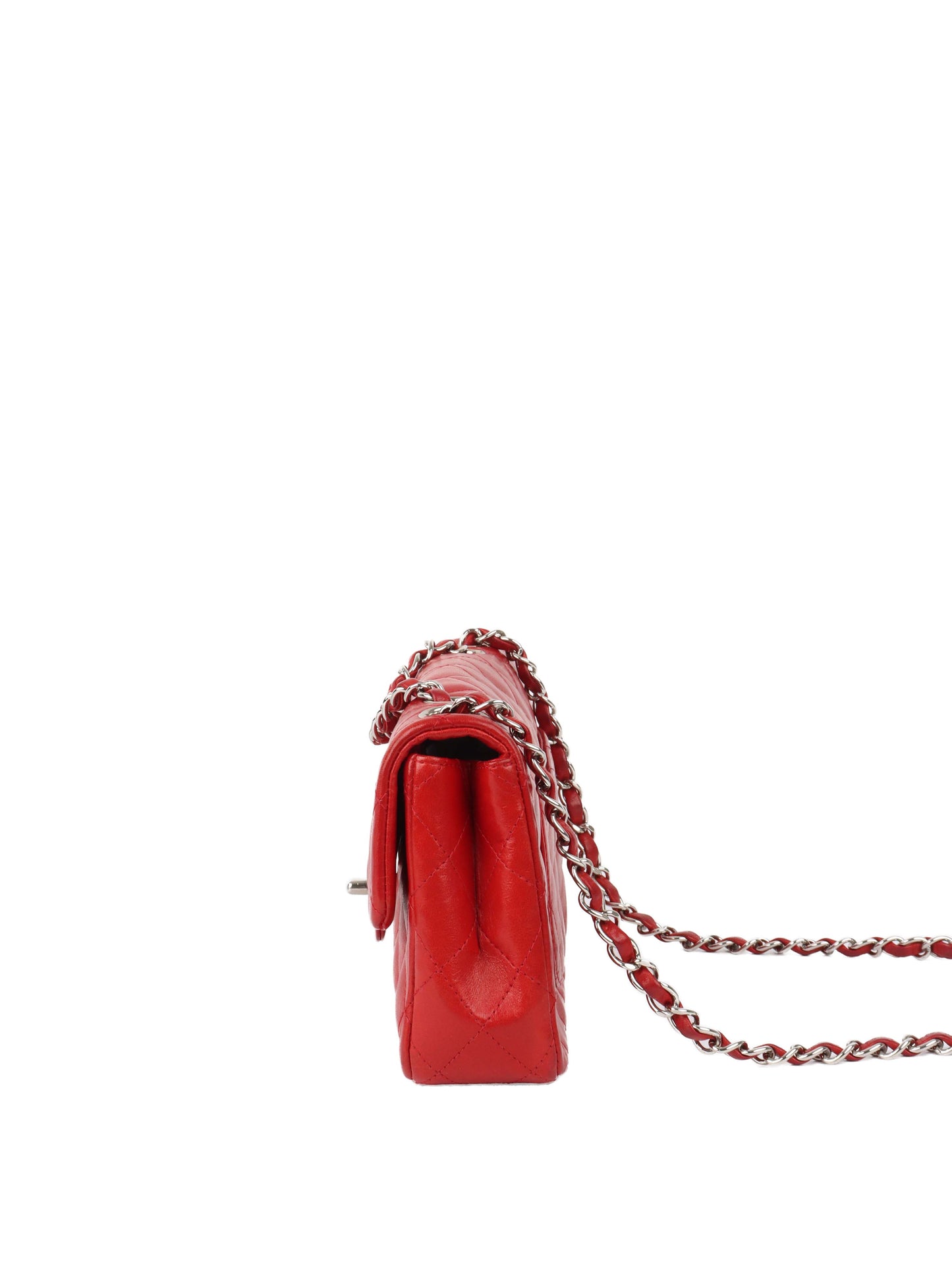 Chanel Red Lambskin East West Classic Flap Bag.