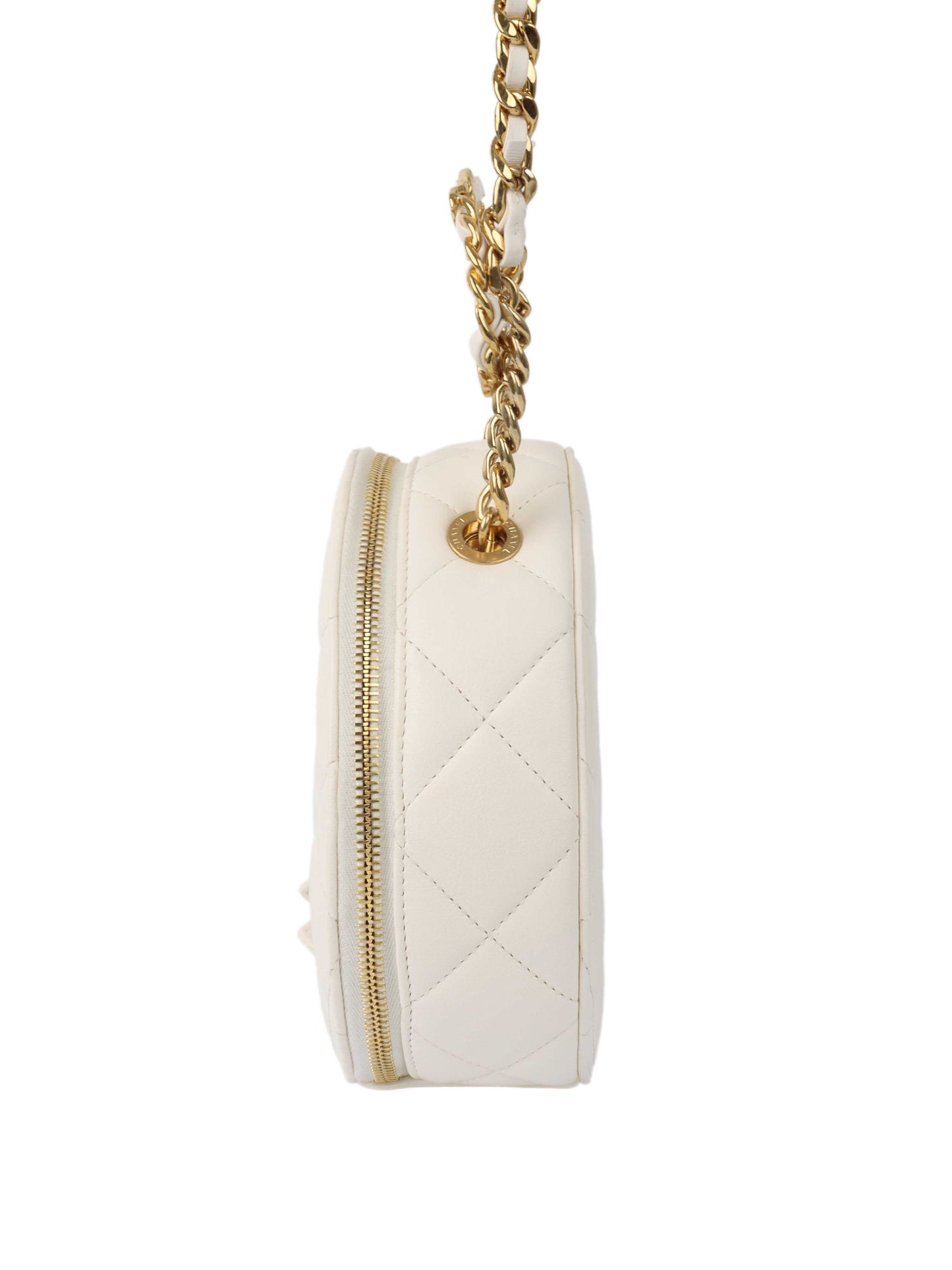Chanel White Round Vanity with Chain Ring Handle.