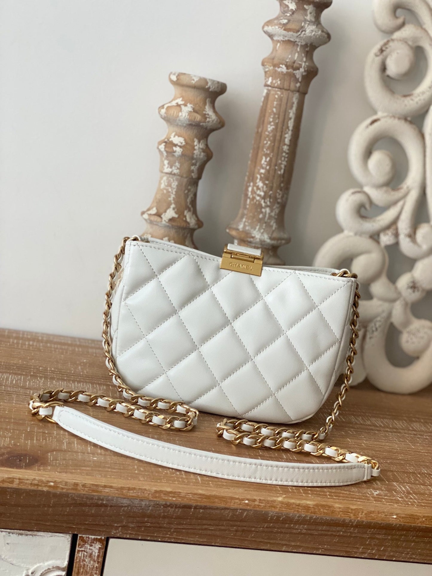CHLSmall Hobo Bag Gold Hardware White For Women Handbags, Shoulder Bags 7.5in/19cm