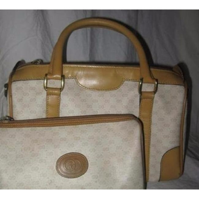 Gucci   Camel Leather And Small G Logo Print On Ivory Coated Canvas