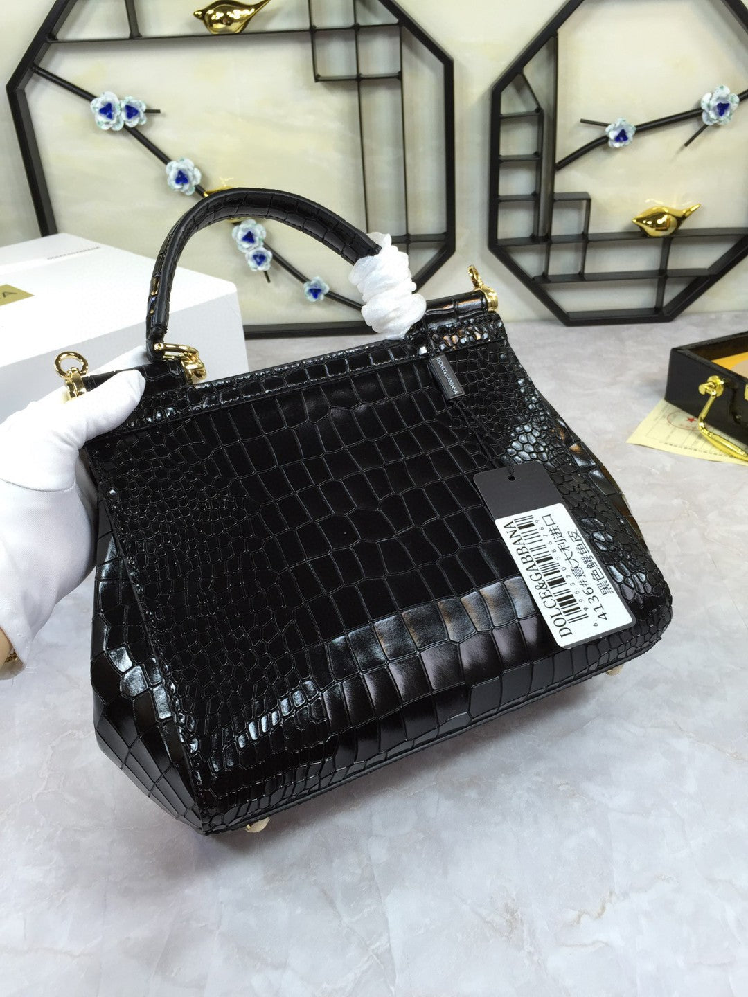 Top Quality Medium Sicily Bag In Foiled Crocodile-Print Black For Women 10.2in/26cm Top Quality
