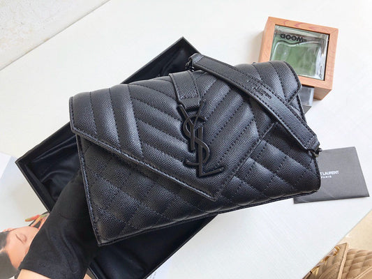 YSSL Envelope Small Bag In Mix Matelassé Grain De Poudre Black For Women 8in/21cm YSL 600195BOW981000