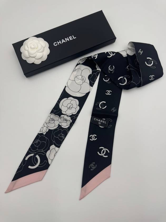 Camellia Twilly Silk Muffler Black Pink Chanel