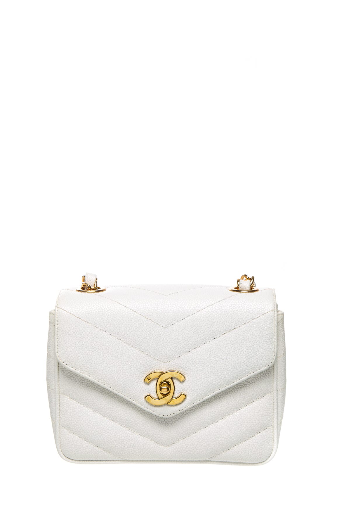 Chanel   White Chevron Caviar Leather Turn Lock Shoulder Bag