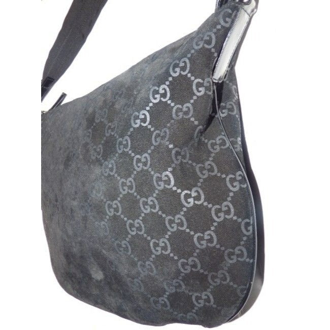 Gucci   Black With Metallic Embossed G Logo Print Suede Leather Hobo Bag