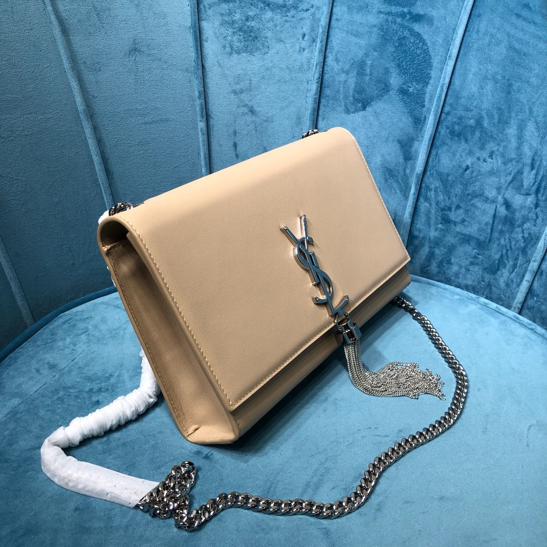 YSSL Kate Medium Chain Bag With Tassel In Grain De Poudre Beige For Women 9in/24cm YSL 