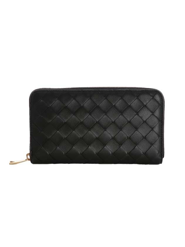 Luxury Bottega Veneta Intrecciato Zipper Around Closure Leather Long Wallet Black