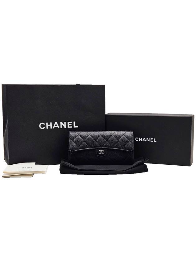 Chanel AP0241 Black Caviar Silver CC Logo Classic Long Flap Wallet Chanel