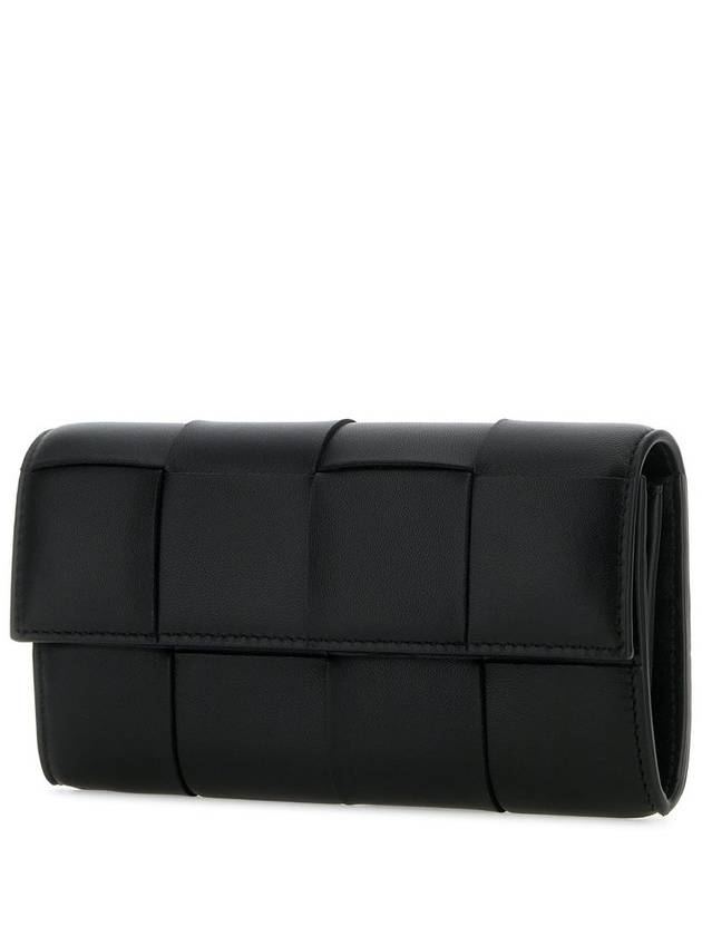 Luxury Bottega Veneta Cassette Flap Leather Long Wallet Black