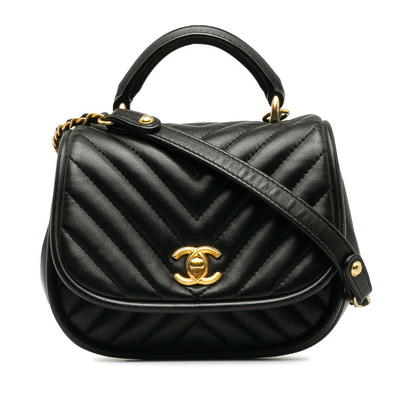 Chanel Coco V Stitch Top Handle  Chain Shoulder Bag Black Leather  CHANEL Middle]