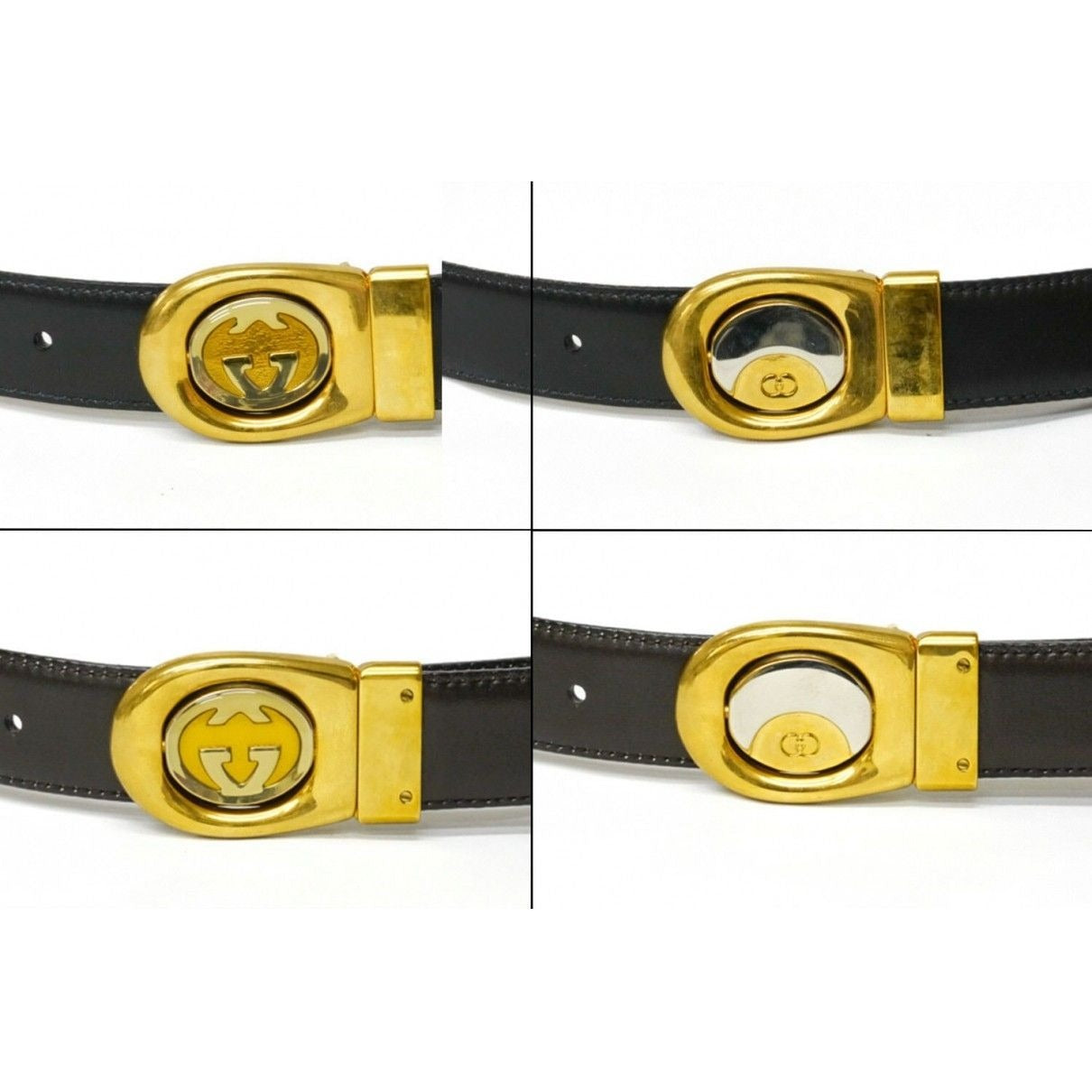 , Gucci, 44" long x 1.25" wide, brown or black leather, reversible belt in size 40" with a dual sided, two-tone engraved GG buckle