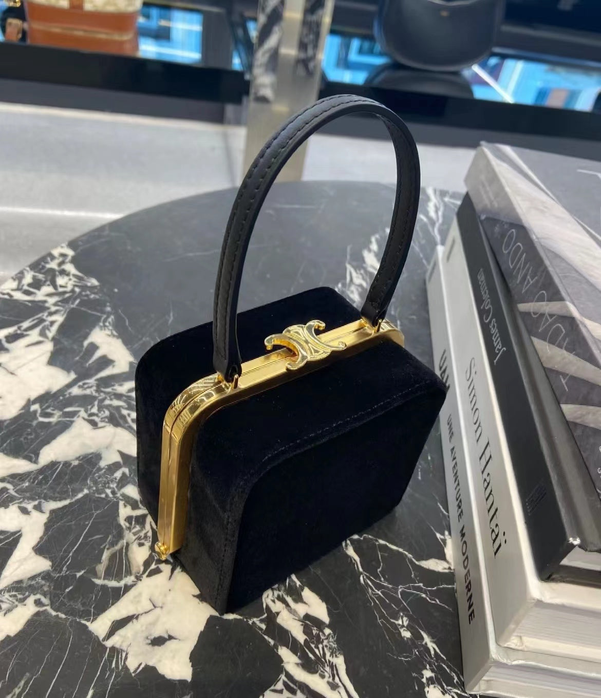 Top Quality Triomphe Hardshell Velvet Bag Black For Women 4in/10cm 