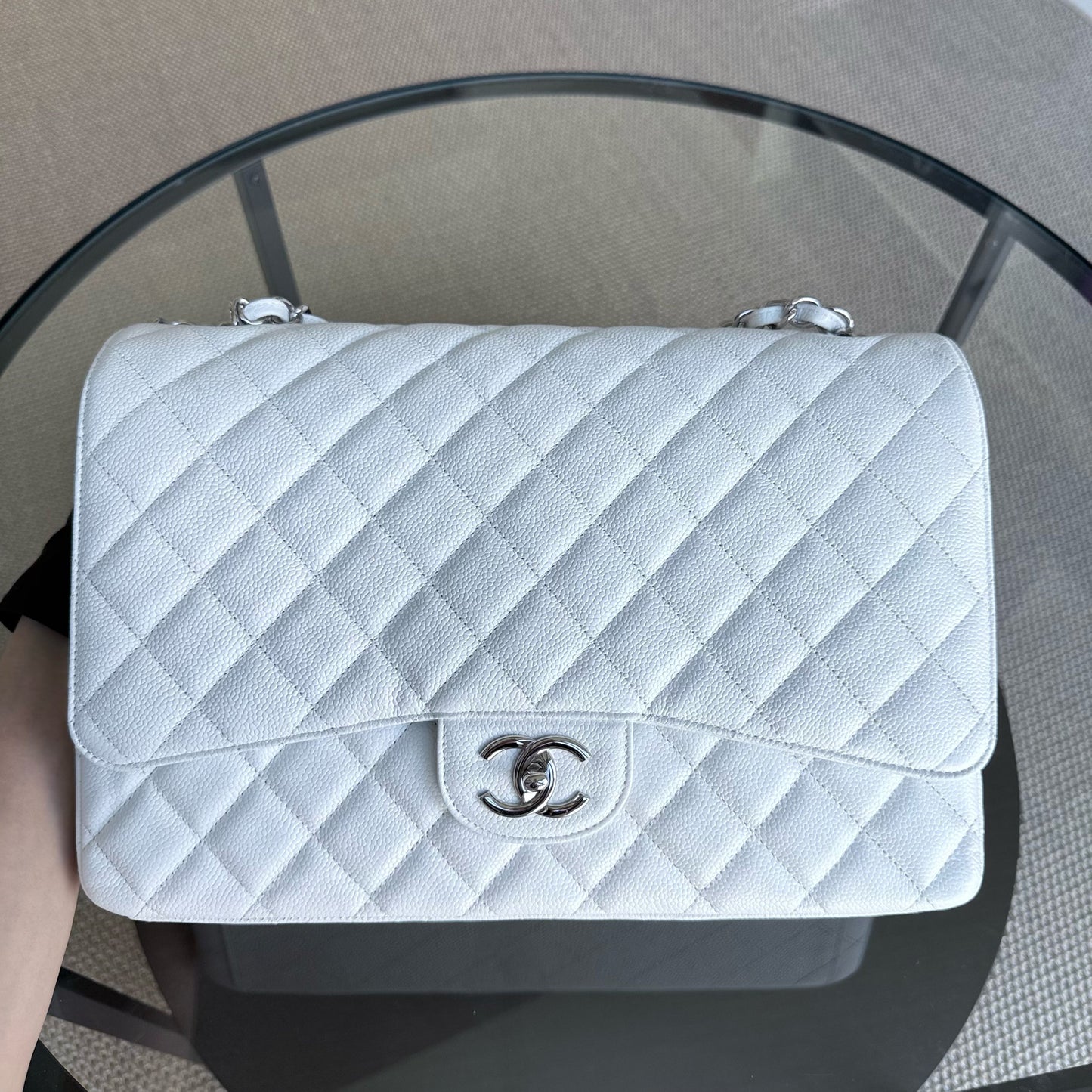 Chanel Classic Flap Maxi - Caviar Double Flap 33CM Quilted White Silver Hardware Series 14