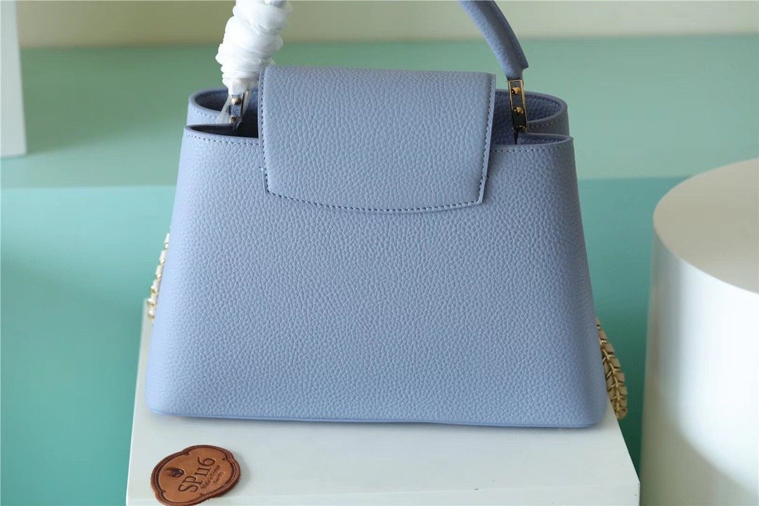 Top Quality Capucines MM Taurillon Light Blue/ Beige For Women, Womens Bags, Shoulder And Crossbody Bags 12.4in/31.5cm Top Quality 