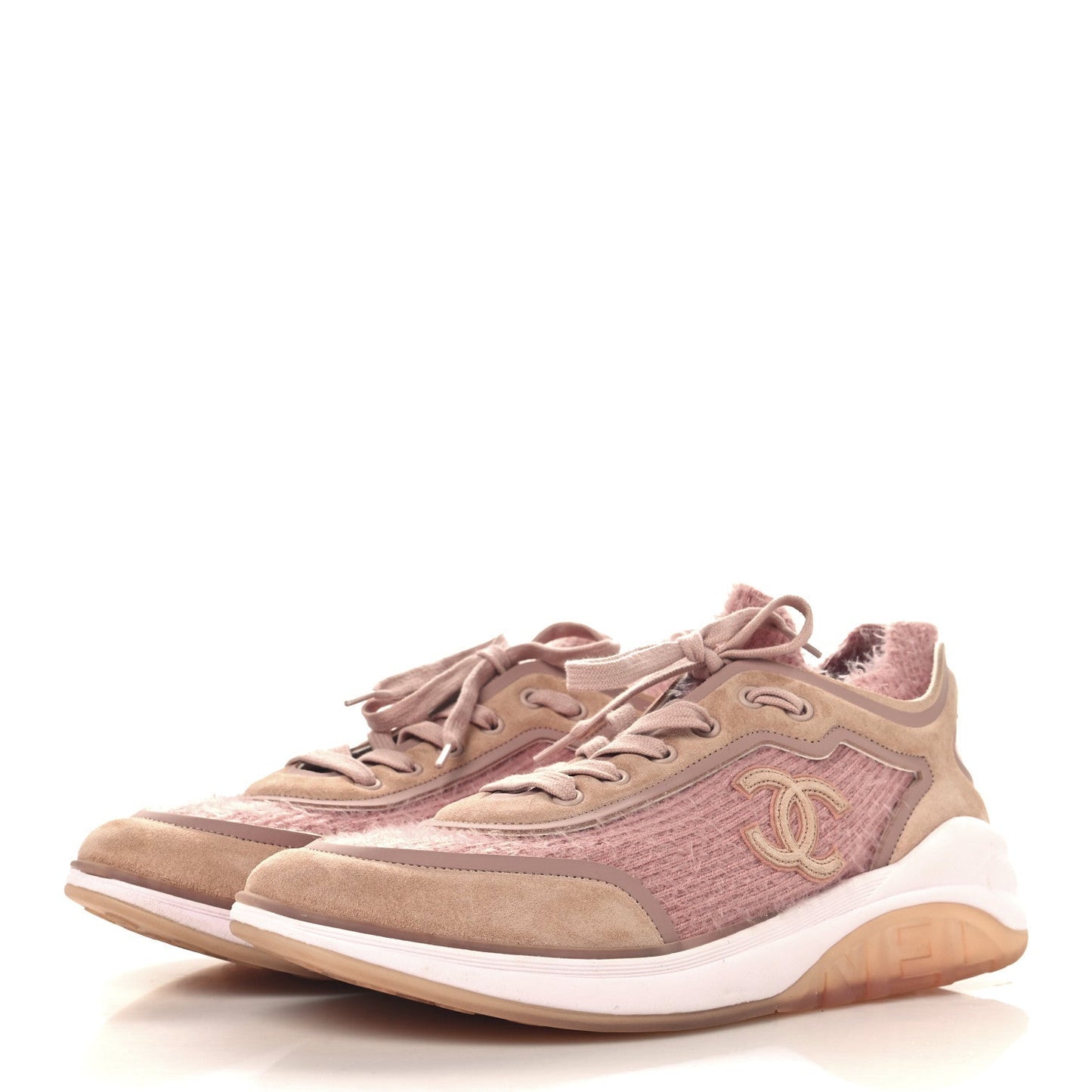 Chanel Suede Calfskin Stretch Fabric CC Sneakers 41 Pink