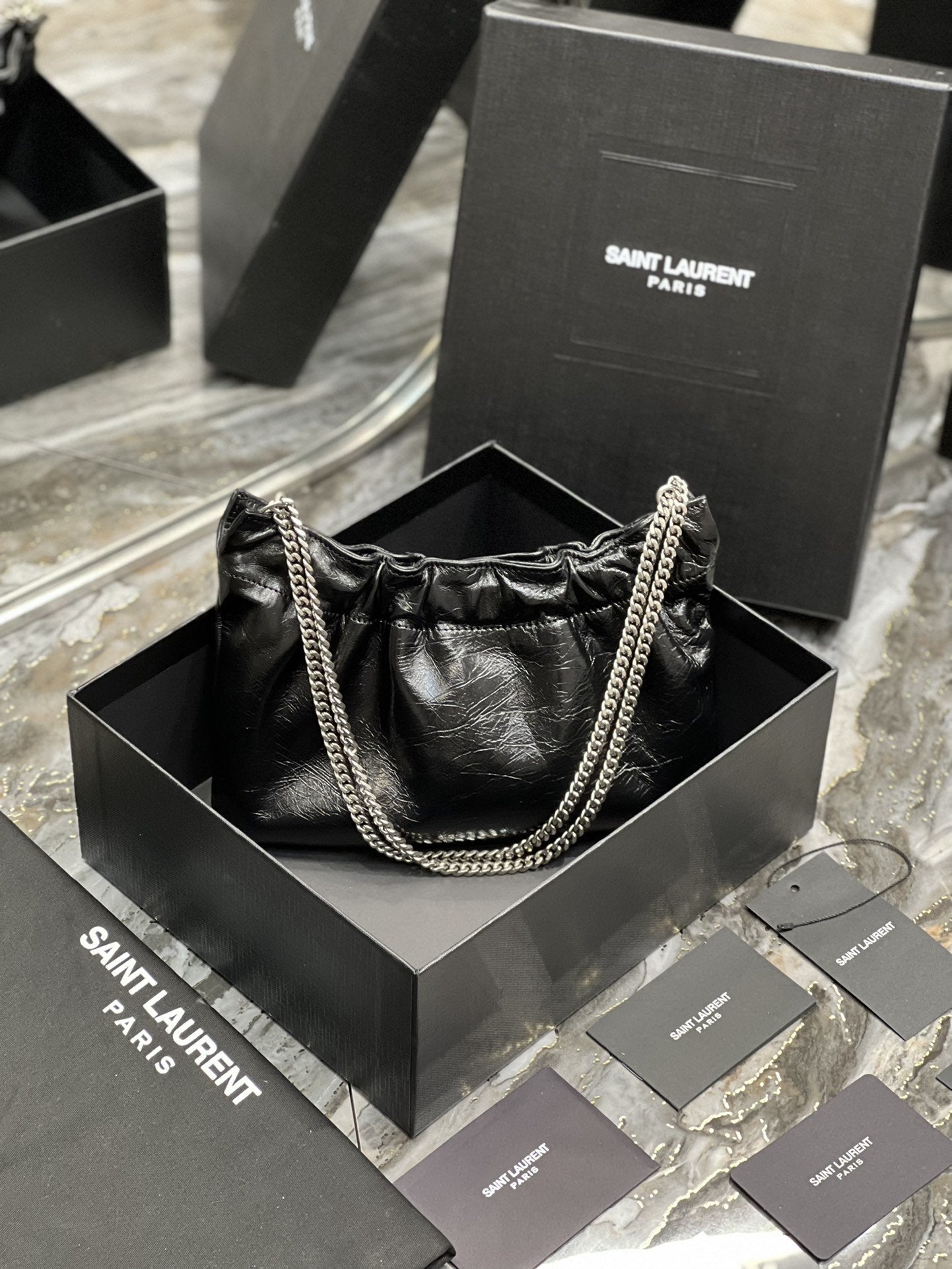 YSSL Hobo Mini Bag Black With Silver Hardware For Women 9in/24cm YSl