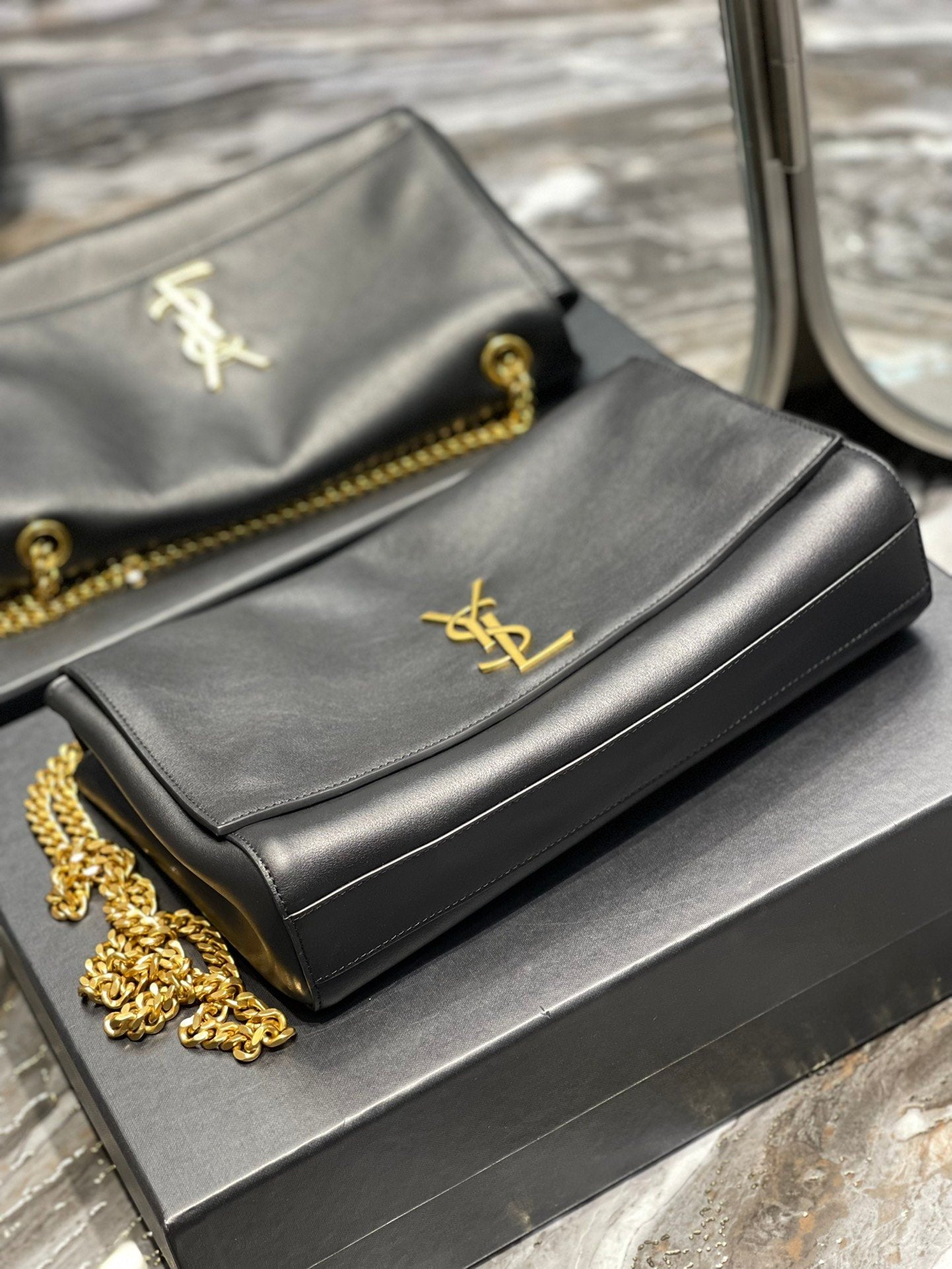 YSSL Kate Medium Reversible Chain Bag Black In Suede With Gold Hardware For Women 11in/29cm YSL