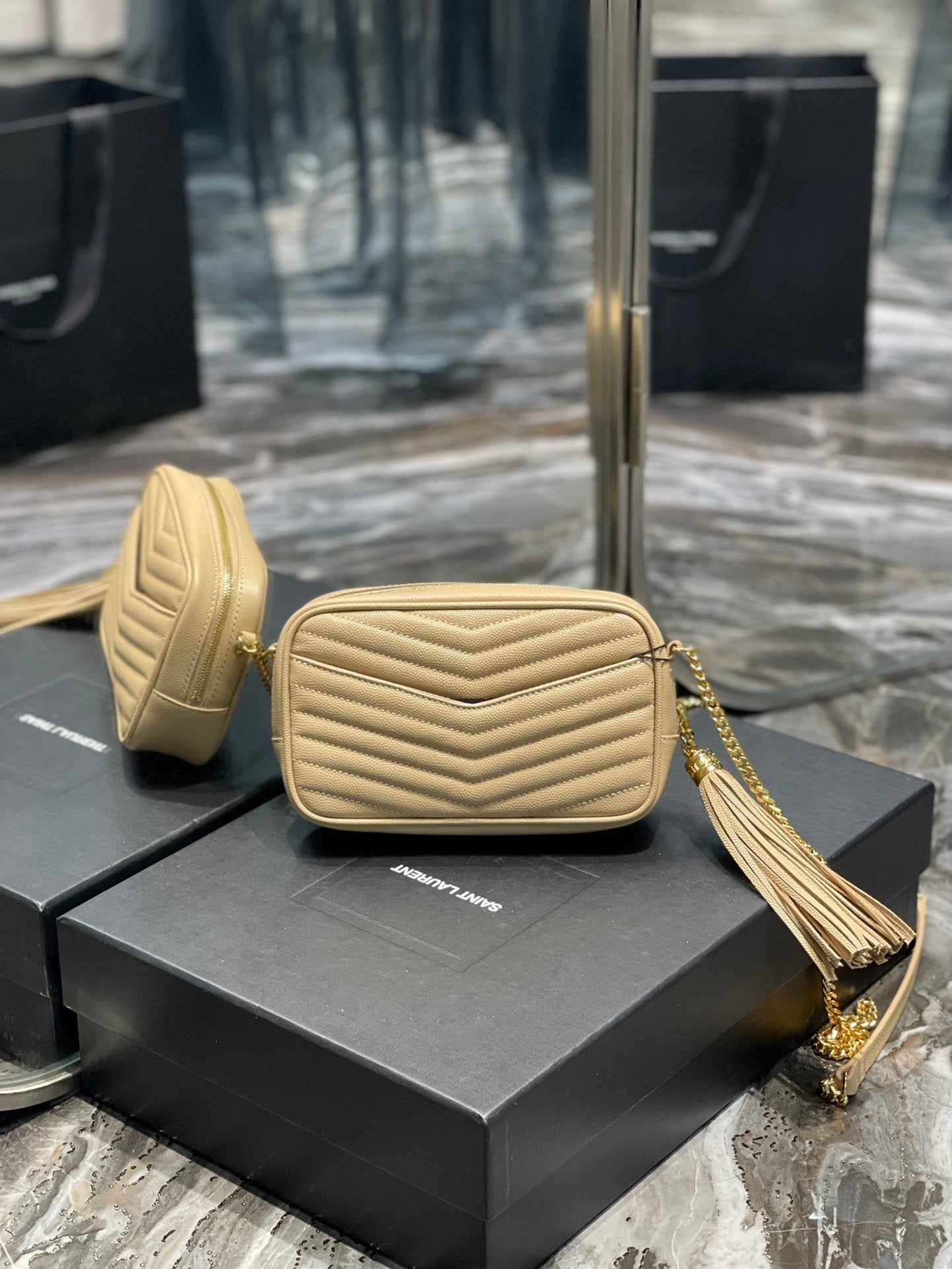 YSSL Lou Mini Bag Beige In Quilted Grain De Poudre With Gold Hardware For Women 7in/19cm YSl 6125791GF012721