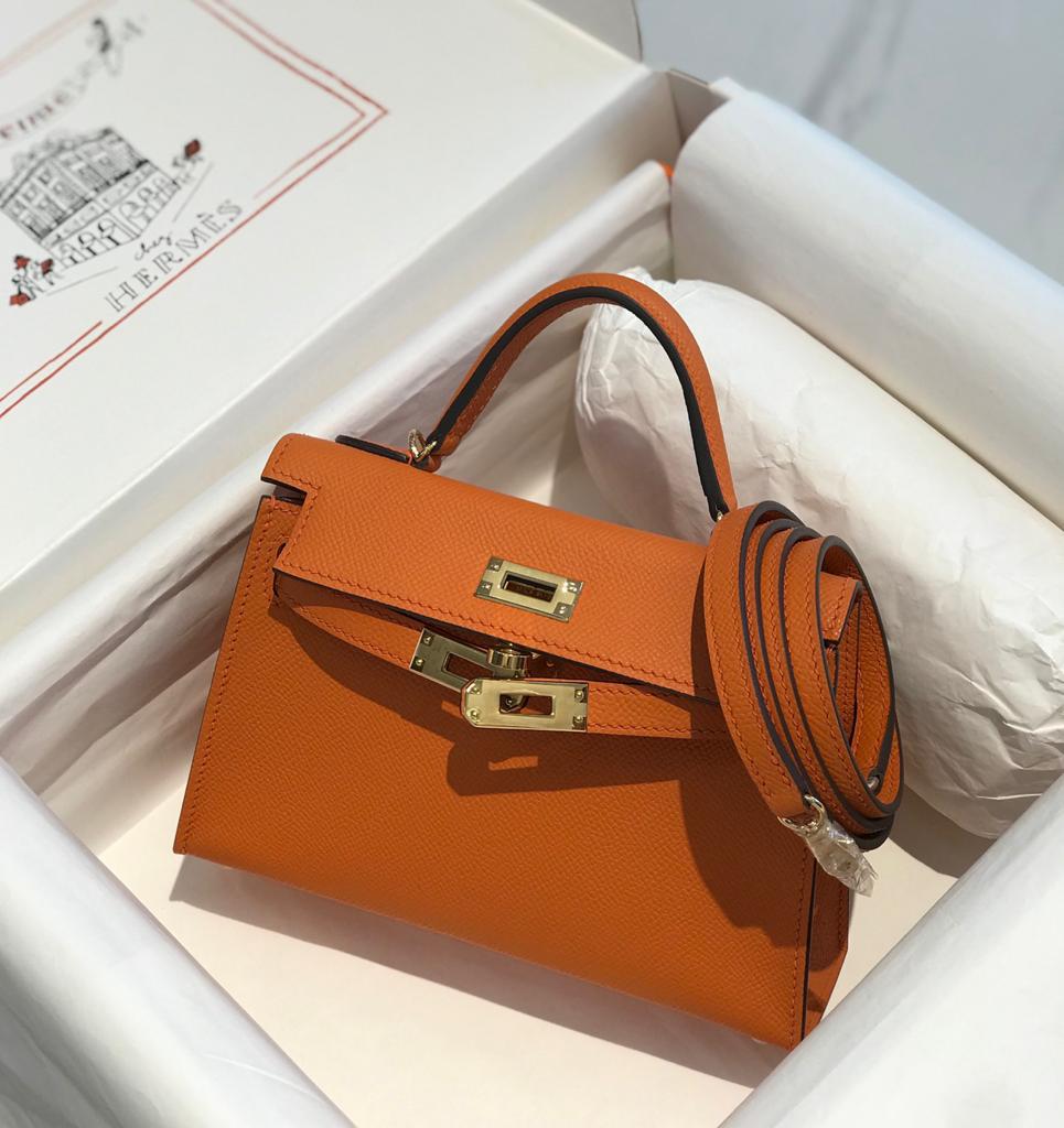 Top Quality Mini Kelly Orange For Women Gold Toned Hardware 7.5in/20cm