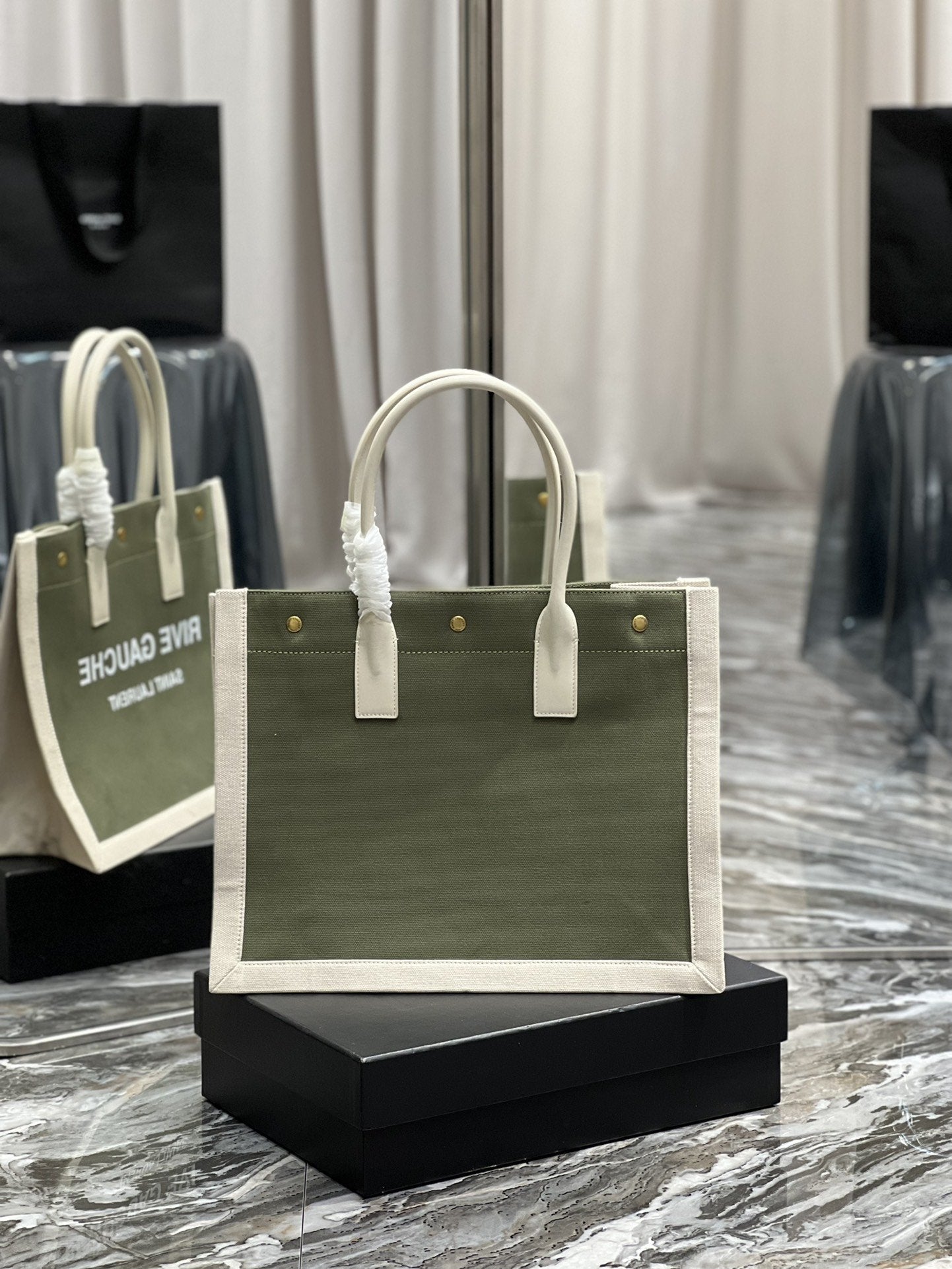 YSSL Rive Gauche Small Tote Bag In Linen Military Green For Women 15in/39cm YSL 617481FAADI3281