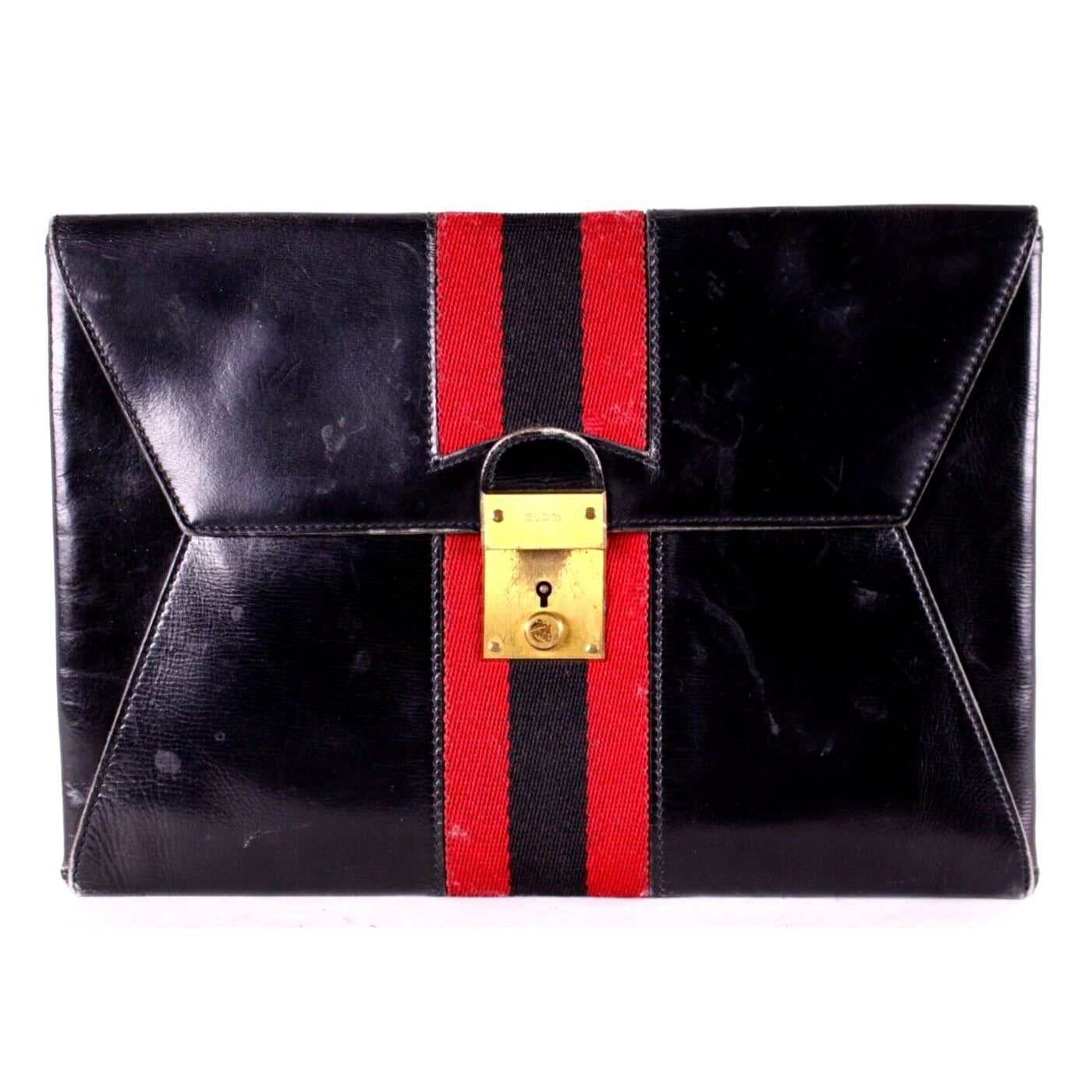 , Gucci, midnight blue leather, clutch, portfolio, or tablet holder with a wide, red and navy Sherry stripe