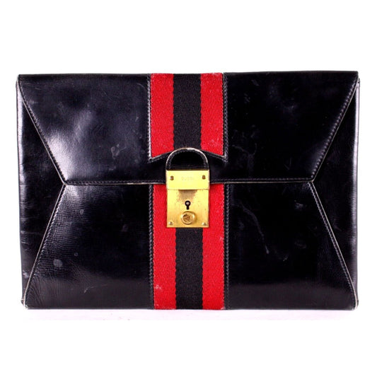 , Gucci, midnight blue leather, clutch, portfolio, or tablet holder with a wide, red and navy Sherry stripe