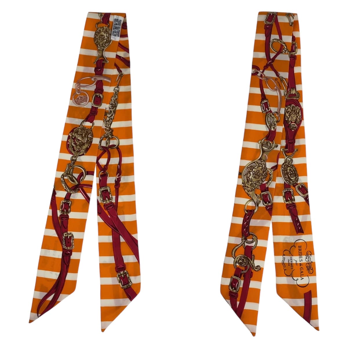 HERMES scarf silk Orange Pink Multicolor scarf ribbon Twilly BRIDES de GALA Women  d
