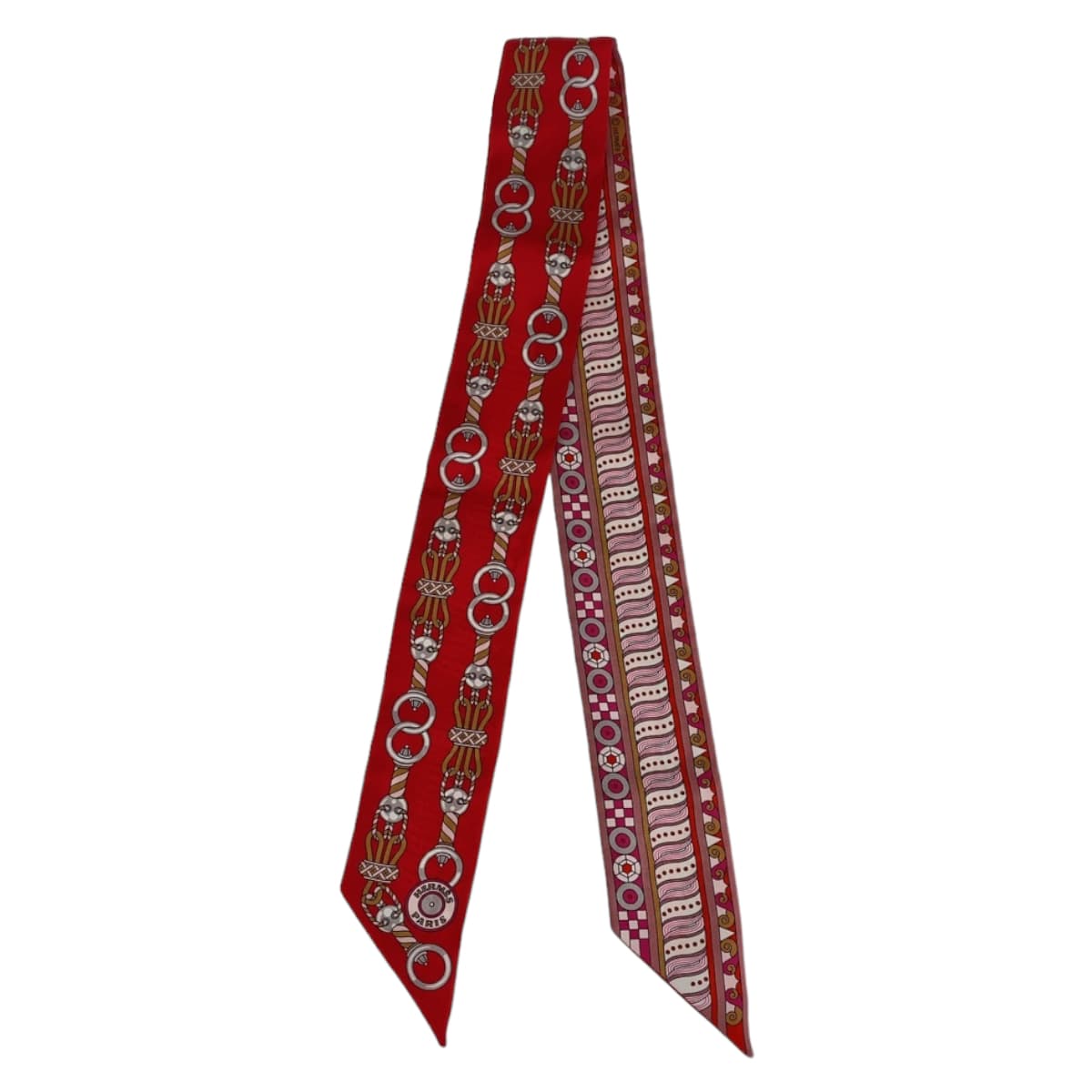 HERMES scarf silk Red Pink Multicolor scarf ribbon Twilly HARNAIS EN ROSACE Women  d