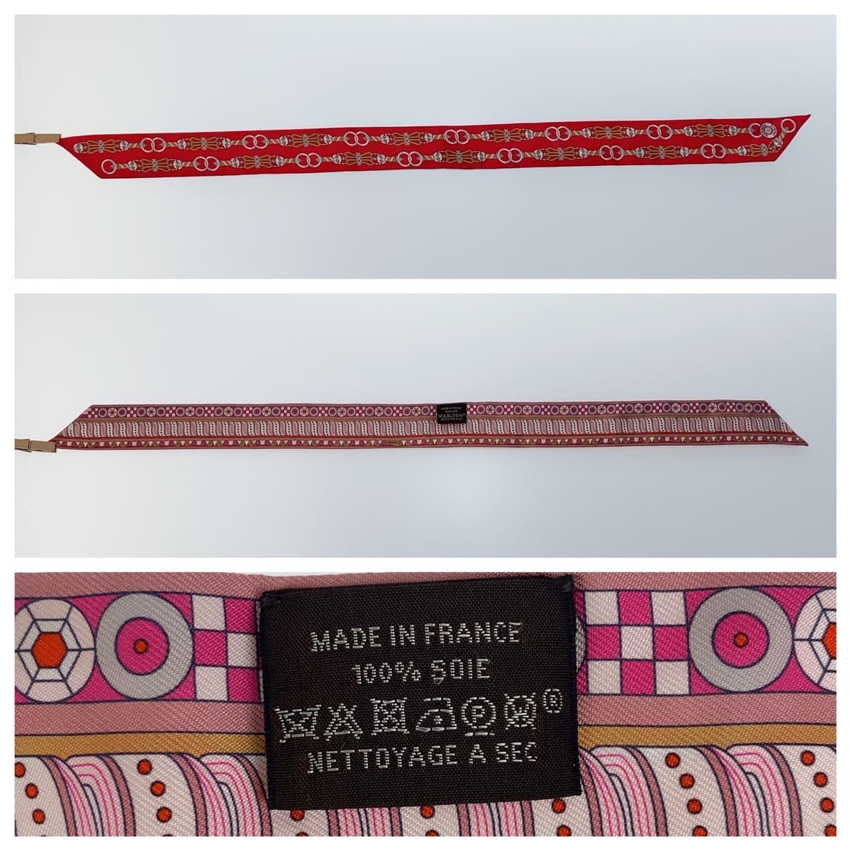 HERMES scarf silk Red Pink Multicolor scarf ribbon Twilly HARNAIS EN ROSACE Women  d