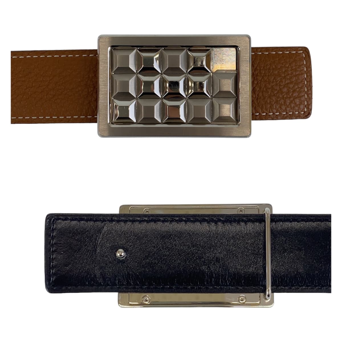 HERMES belt Togo , Box Calf Gold Camel Brown SilverMetal Stud buckle mens 100  d