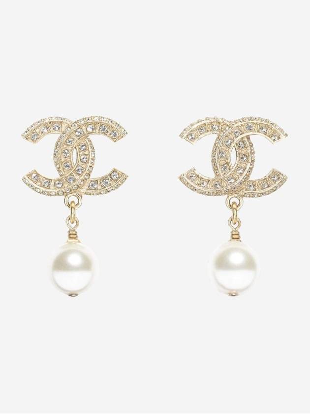 CC Metal Logo Pearl Earrings Gold Chanel