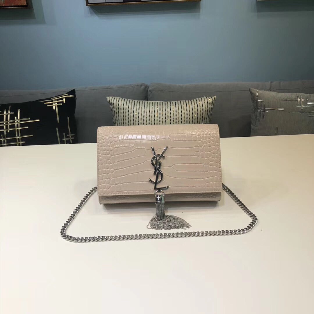 Top Quality Kate Small Chain Bag With Tassel In Embossed Beige For Women 7.8in/20cm YSL 