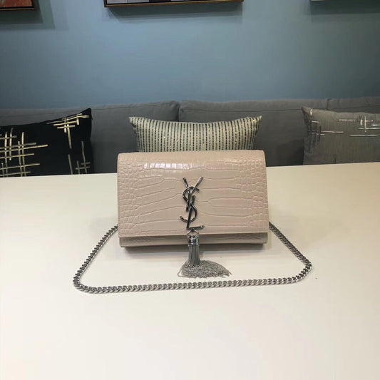 Top Quality Kate Small Chain Bag With Tassel In Embossed Beige For Women 7.8in/20cm YSL 