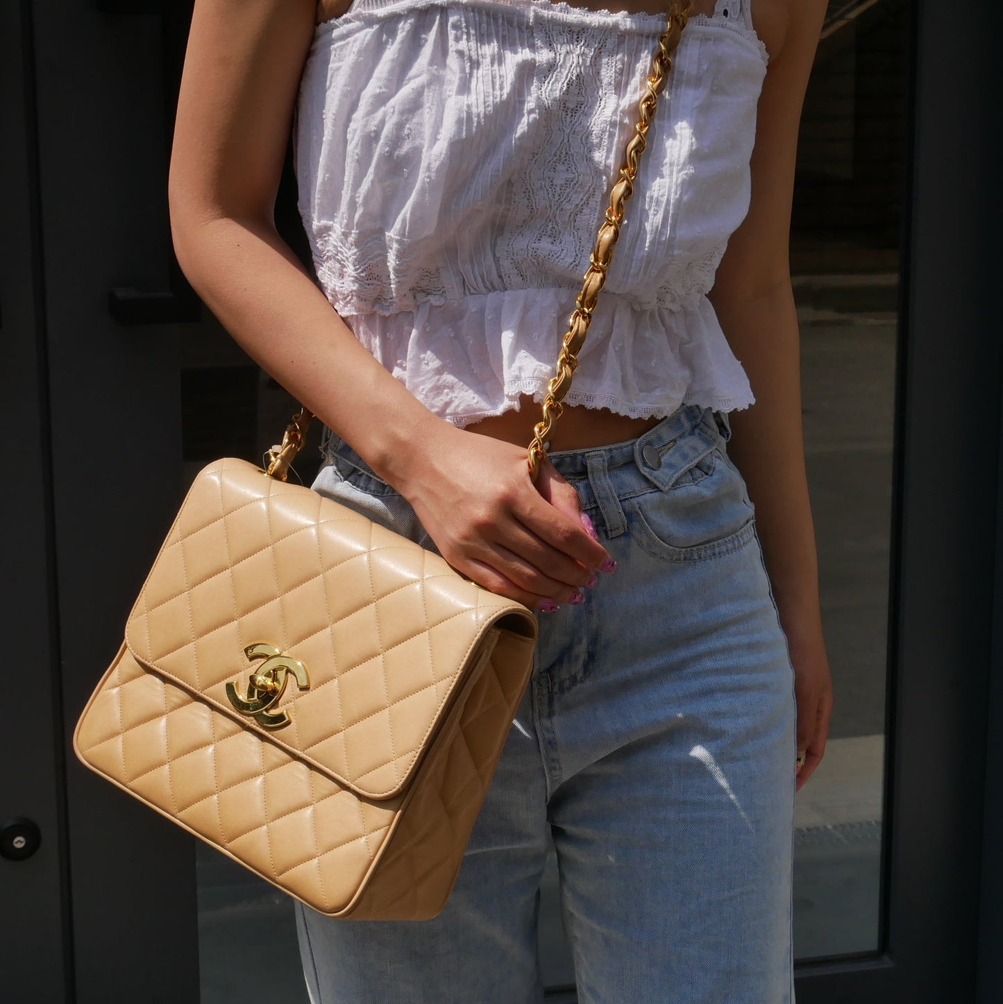 Chanel 1994-1996 Beige Lambskin Straight Flap Medium