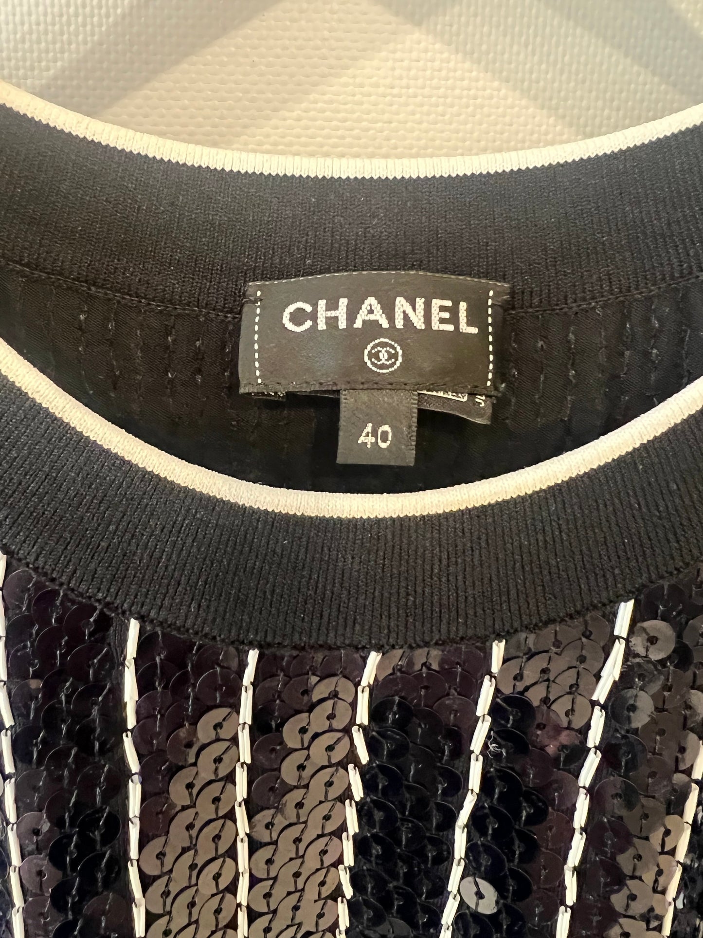 Chanel Spring/Summer 2023 Navy and White Striped Sequins T-Shirt with CC Logo Size FR 40 (UK 12)