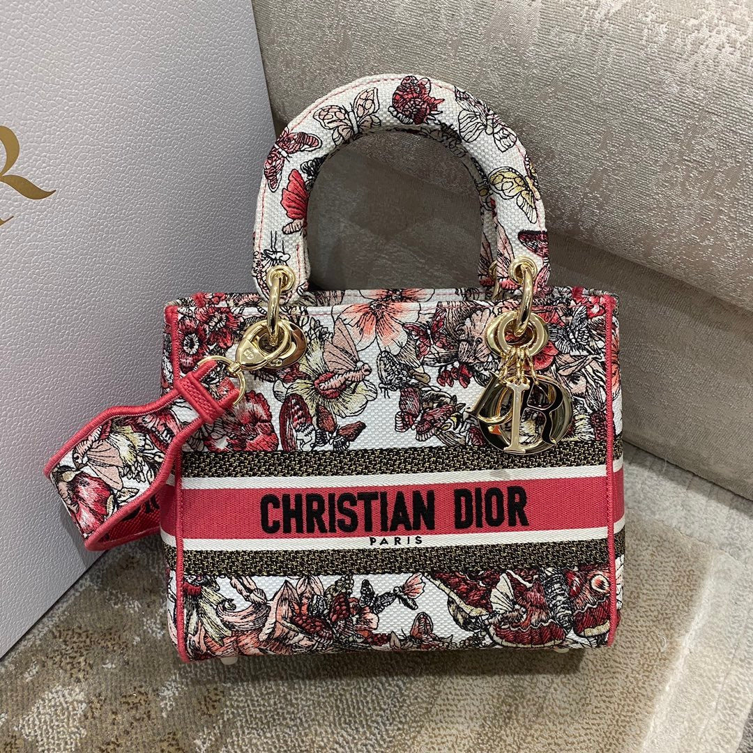 Top Quality MeTop Qualityum Lady D-Lite Bag Multicolor Butterfly Embroidery, Red/Latte Handbags, 24cm CD M0565ORHQ_M884