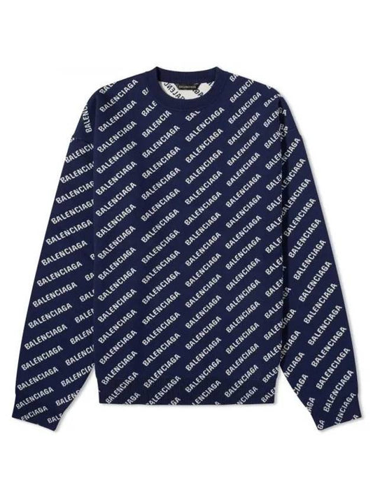 Luxury Balenciaga Trending 2025 Allover Logo Crew Sweatshirt Navy