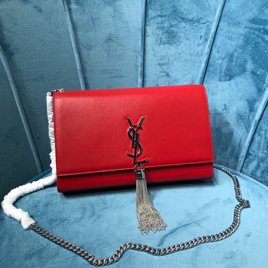 YSSL Kate Medium Chain Bag With Tassel In Grain De Poudre Red For Women 9in/24cm YSL