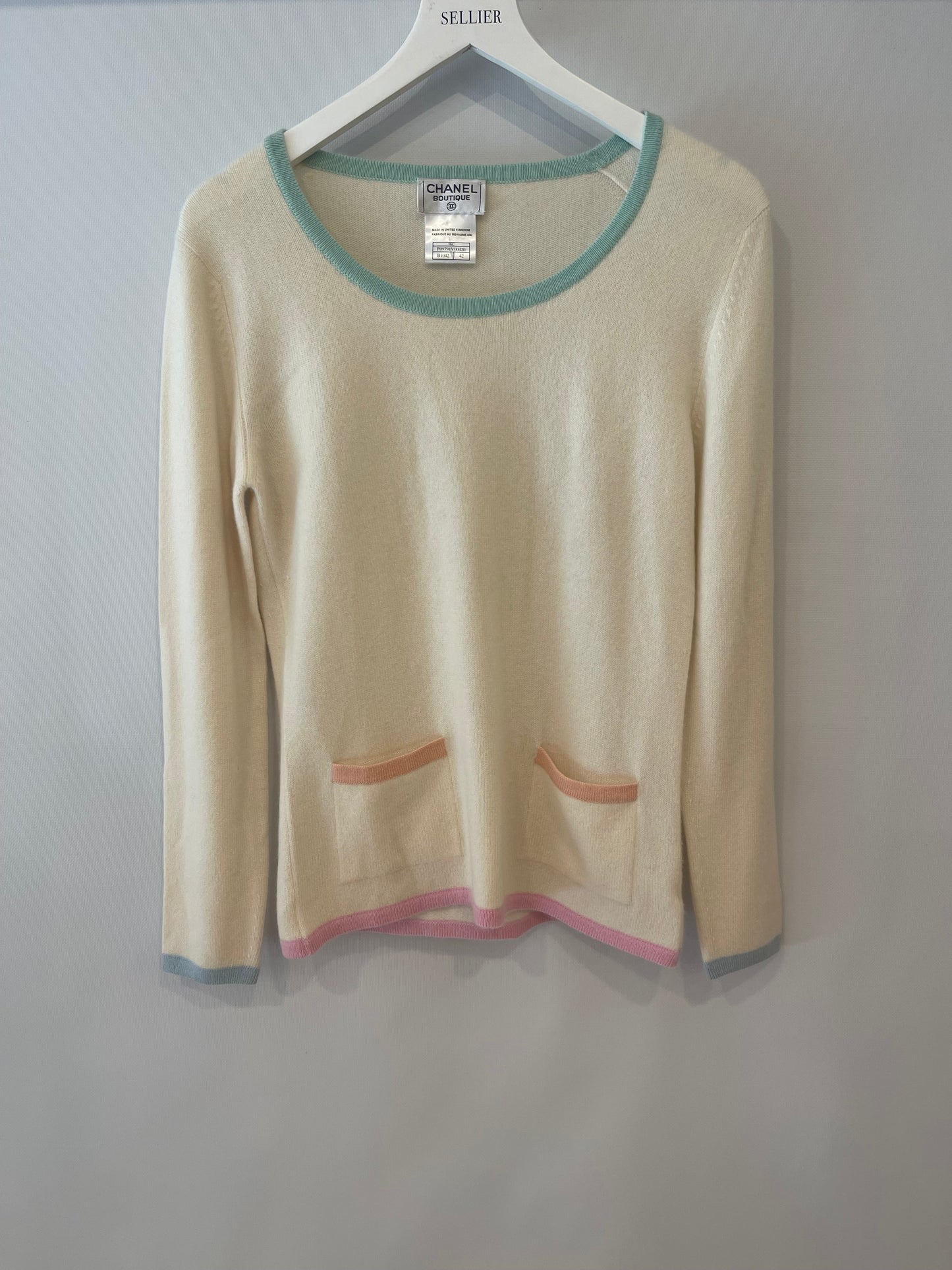 Chanel Cruise 1998 Cream and Pastel Multicolour Cashmere Jumper with Back CC Logo Detail Size FR 42 (UK 14)