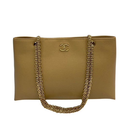 CHANEL Tote Bag leather beige Caviar skin Chain tote Women