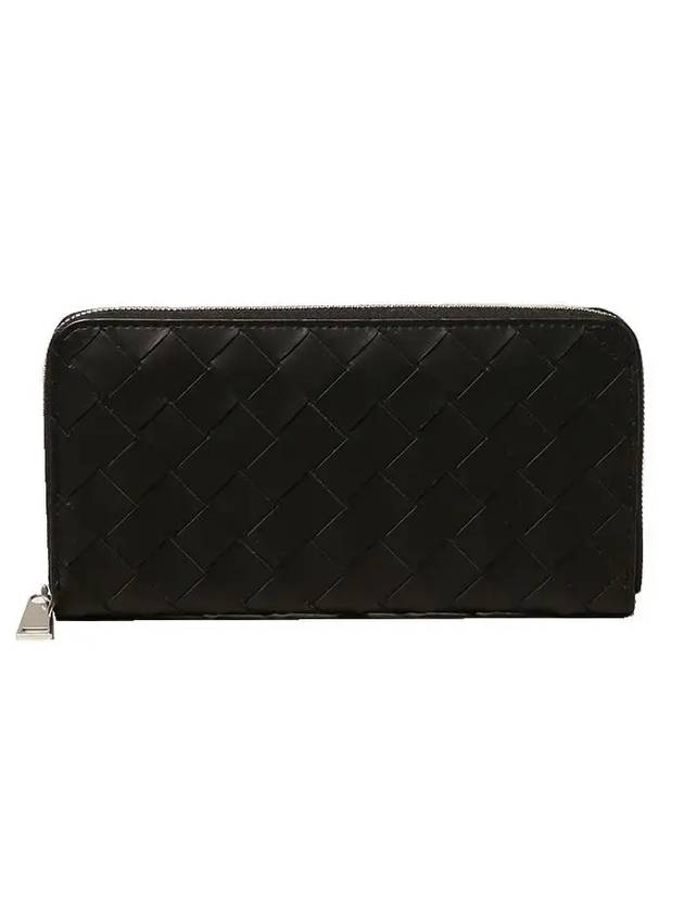 Luxury Bottega Veneta Interciato Leather Zipper Around Long Wallet Black