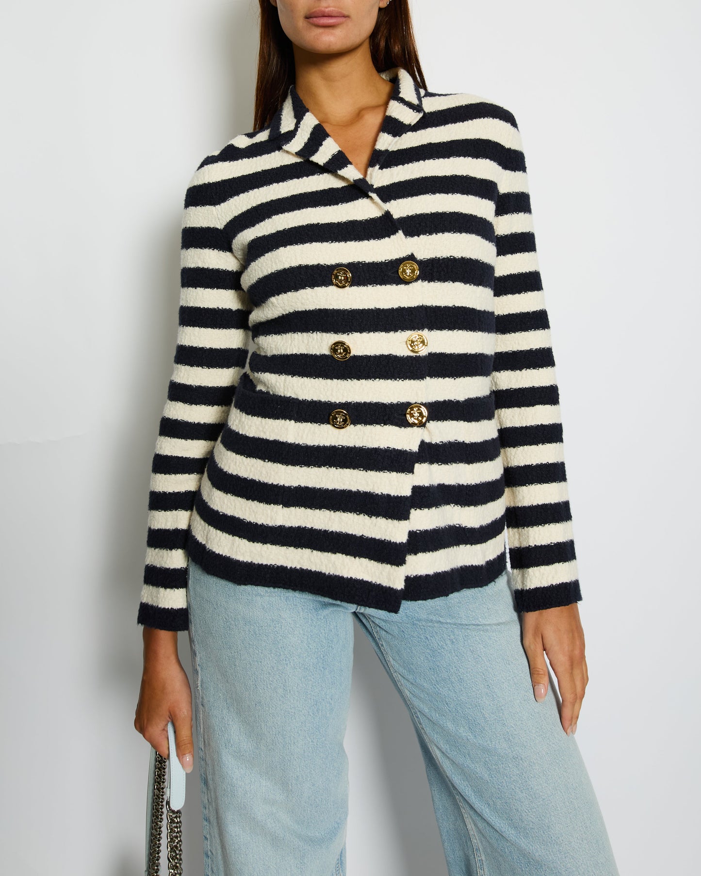 Christian Dior Navy and White Striped Knit Jacket with Gold Anchor Button Details Size FR 38 (UK 10)