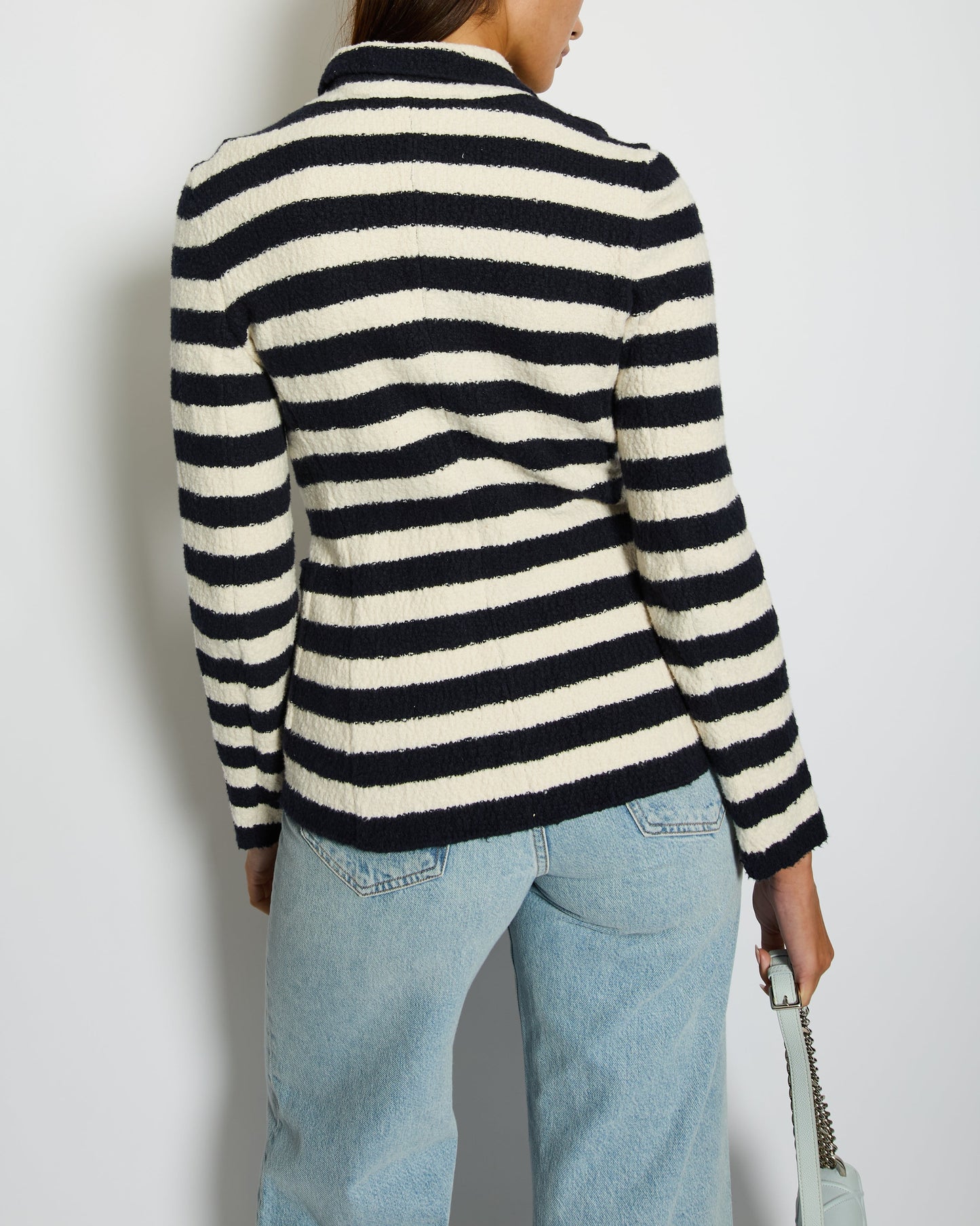 Christian Dior Navy and White Striped Knit Jacket with Gold Anchor Button Details Size FR 38 (UK 10)