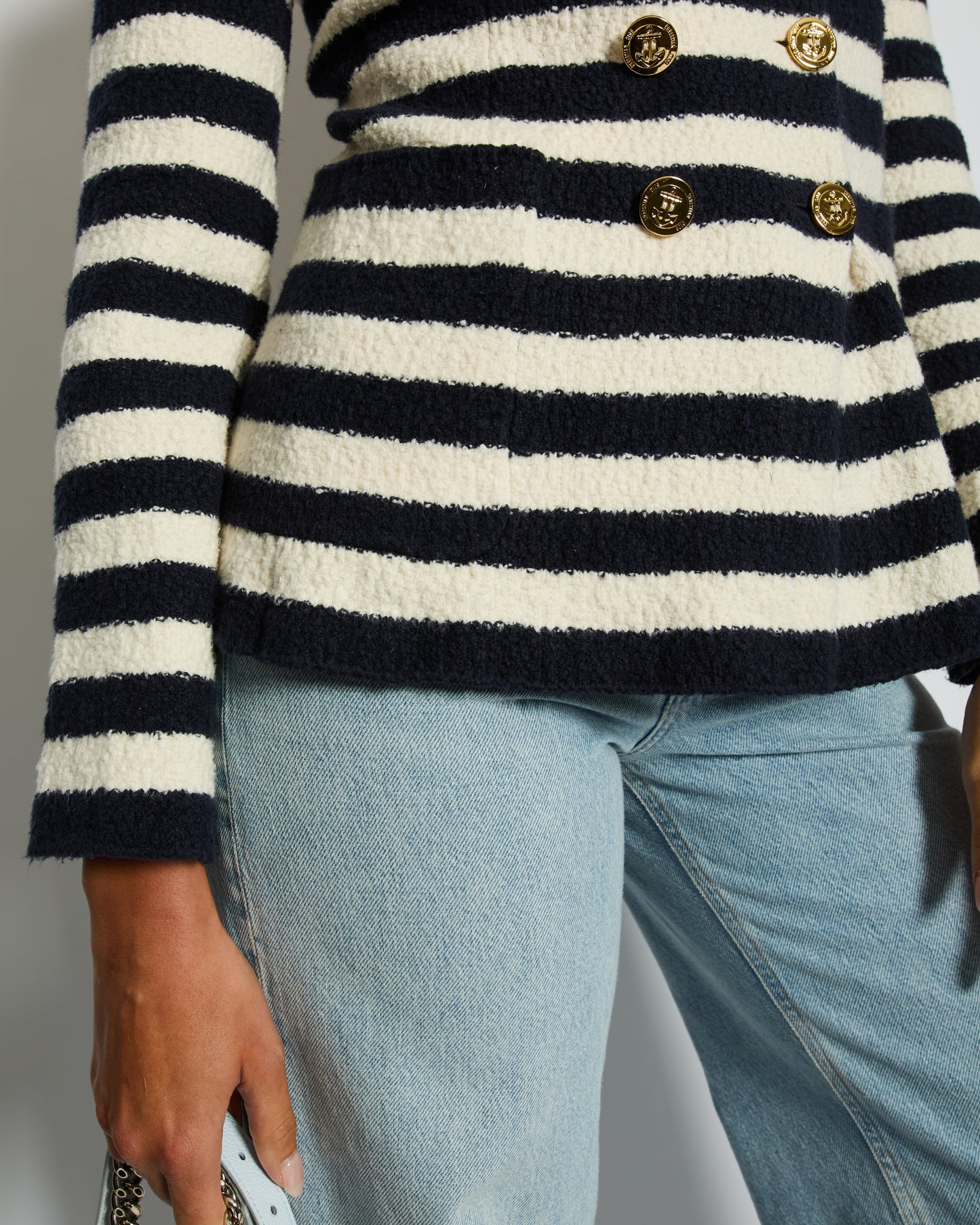 Christian Dior Navy and White Striped Knit Jacket with Gold Anchor Button Details Size FR 38 (UK 10)