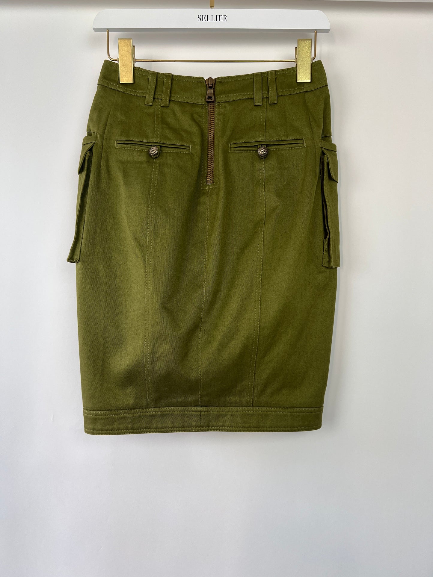Balmain Khaki Midi Skirt with Pocket and Asymmetric Split Detail Size FR 36 (UK 8)